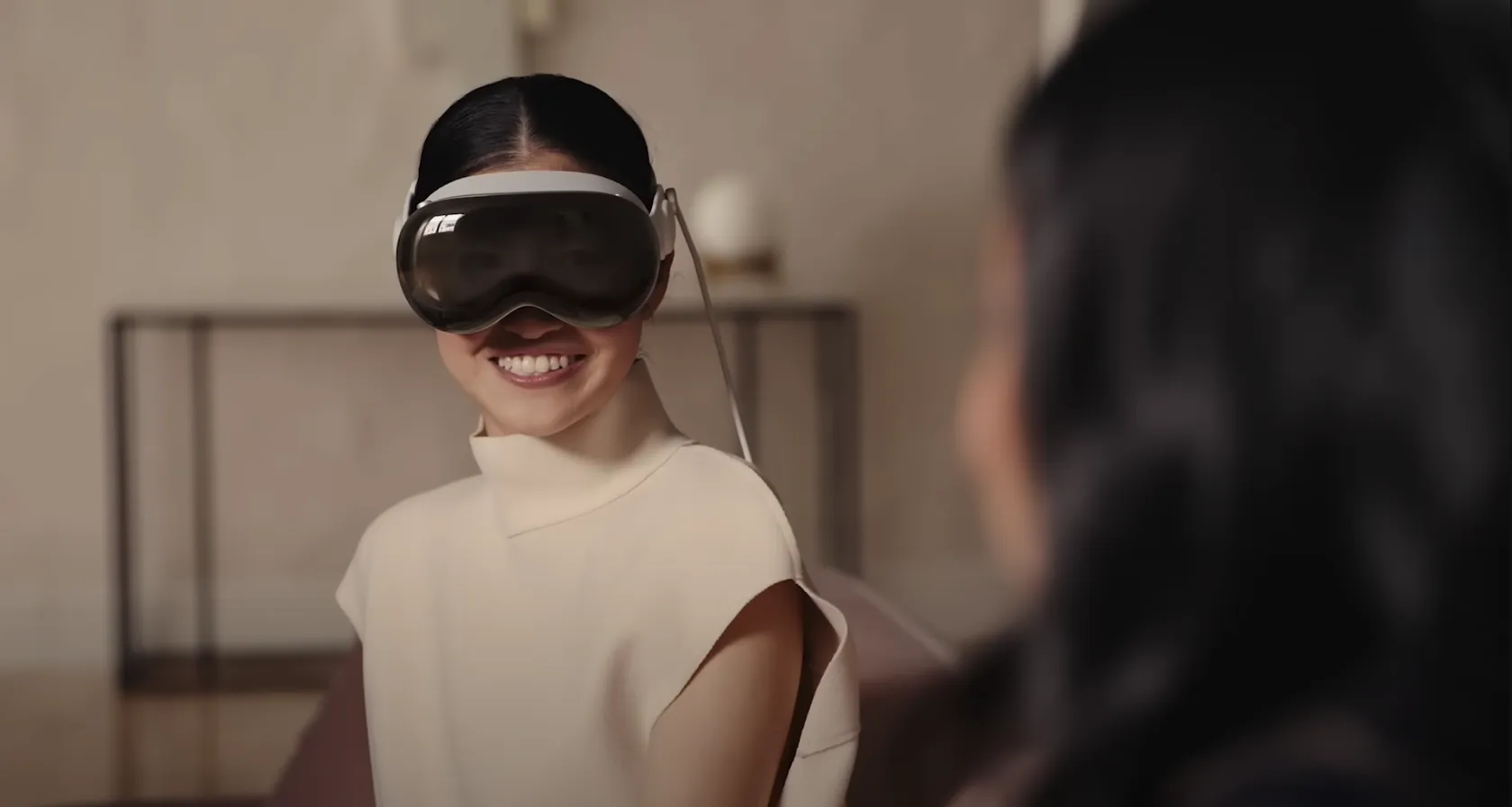 Apple Vision Pro in passthrough mode, showing digital eyes of the wearer