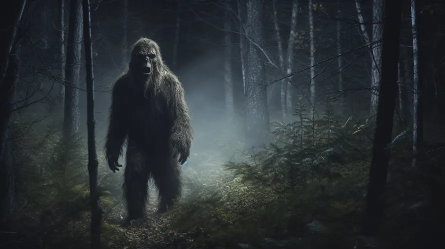A tall hairy ape-like humanoid in a dark forest
