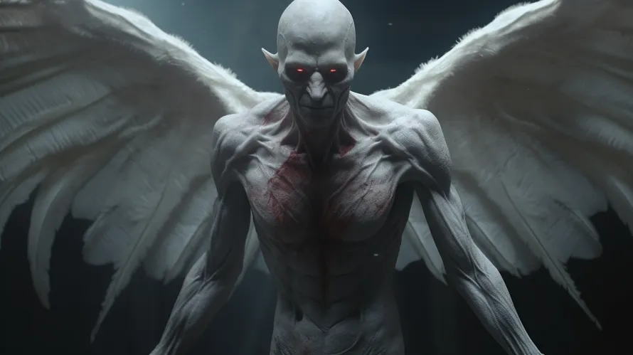 Creepy pale humanoid with glowing red eyes and wings