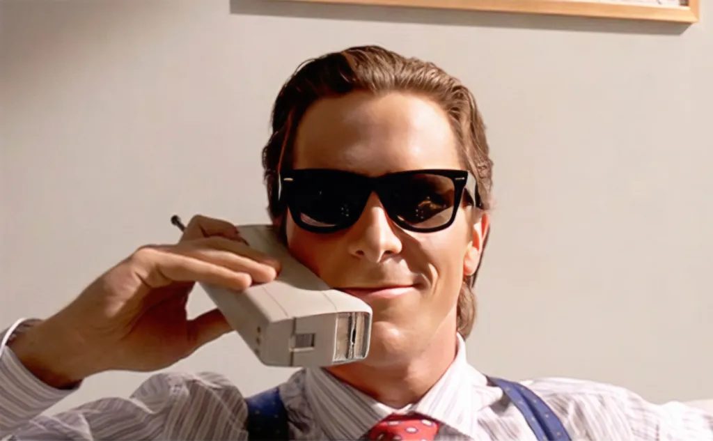 Patrick Bateman from American Psycho holding a giant 90s cell phone