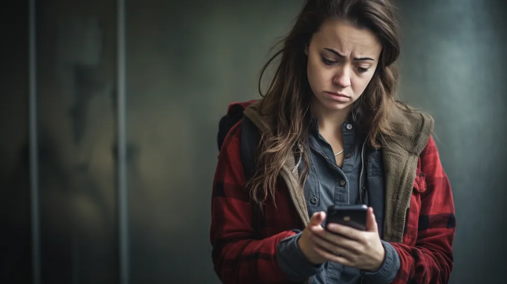Woman looking at her phone with a frustrated expression