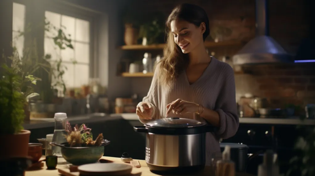 Woman cooking with Instant Pot in kitchen