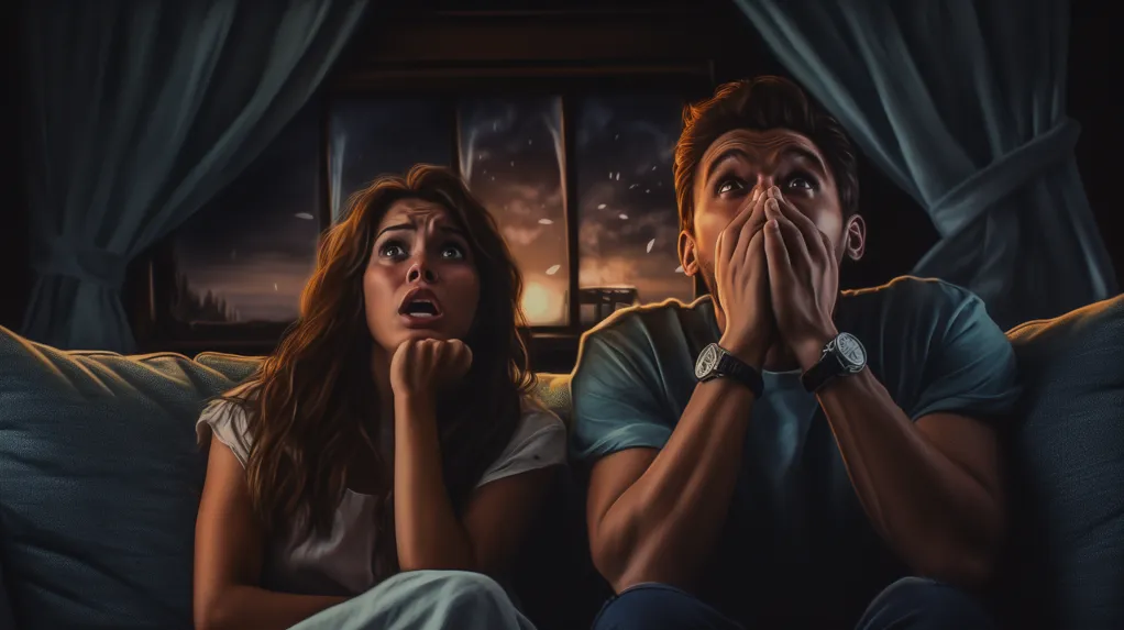 A surprised couple watching a movie