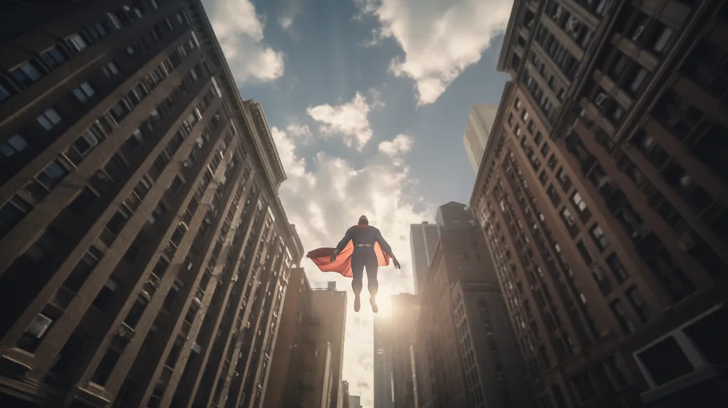 Superman flying above a city