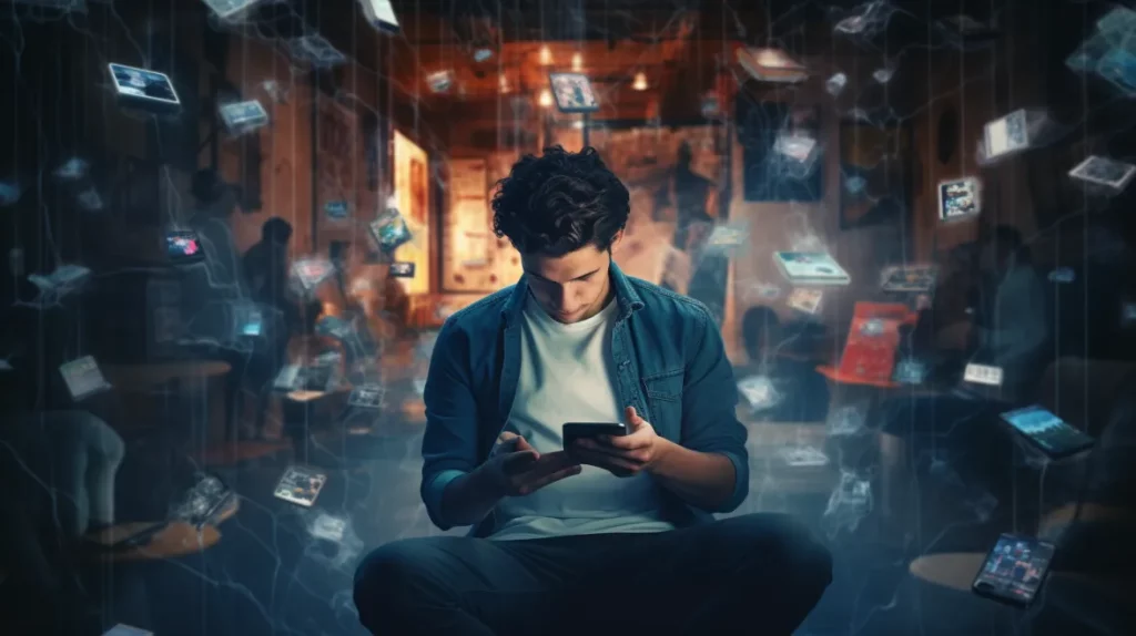Man surrounded by digital distractions