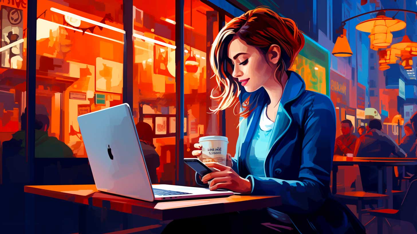 Woman using a laptop in a coffee shop