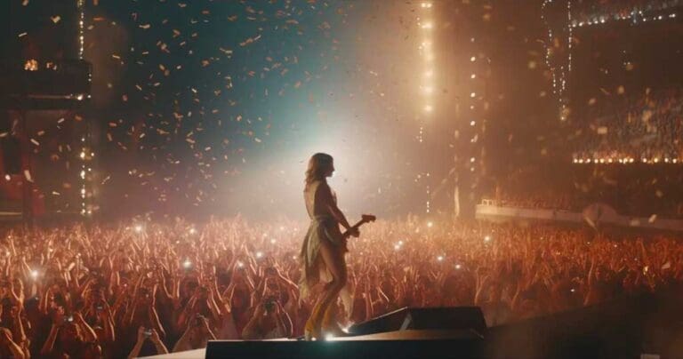 A female musician playing a massive concert