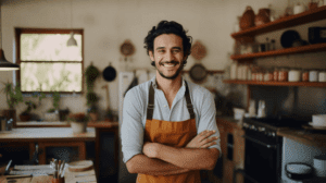 A happy cook standing in a kitchen smiling