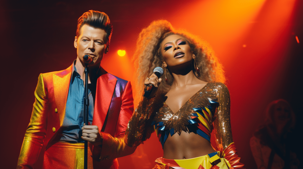 Artist depiction of David Bowie and Beyonce sharing the stage