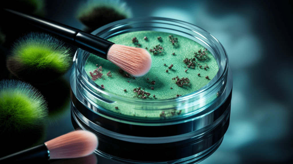 A makeup brush in a dirty petri dish