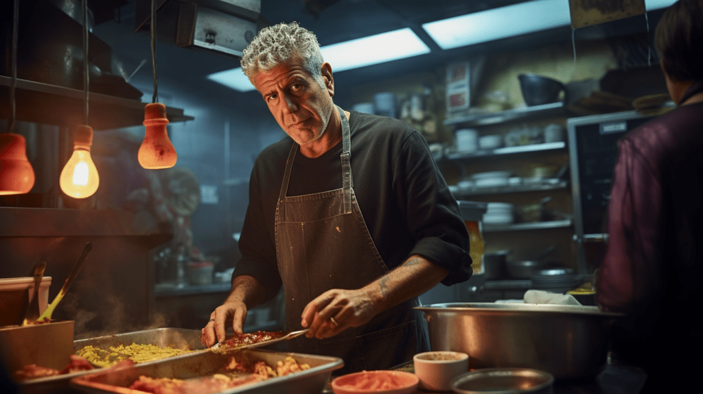 Artistic depiction of Anthony Bourdain in a kitchen, cooking