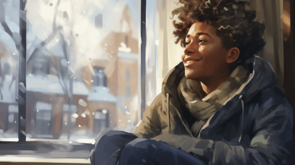 A young person daydreaming during a snowy winter's day