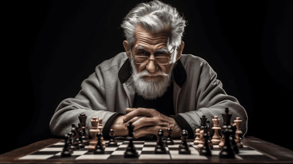 Artist depiction of a senior citizen playing chess