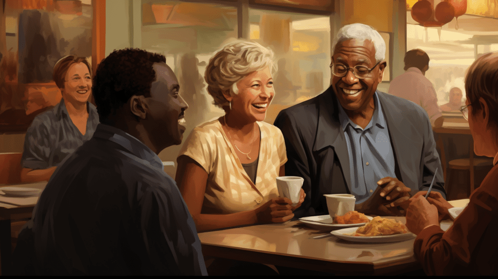 Artistic depiction of senior citizens enjoying a conversation in a crowded diner