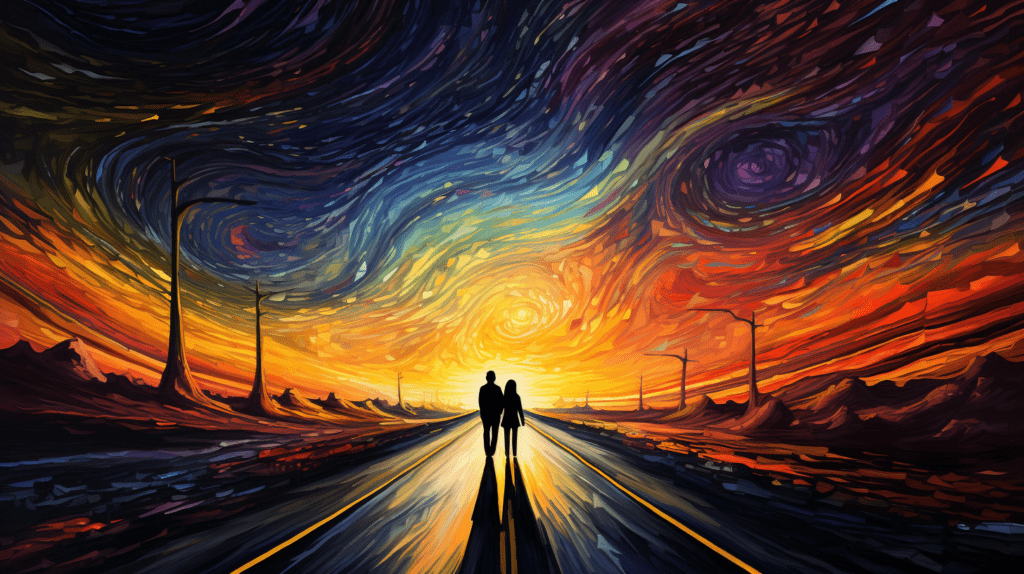 Artistic depiction of a long-distance relationship -- two people walking on a long road