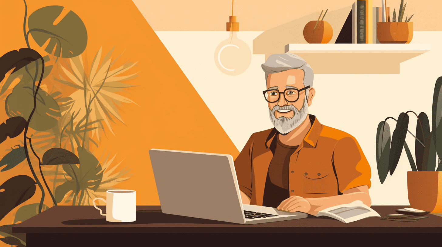 A senior man working at his laptop in the kitchen