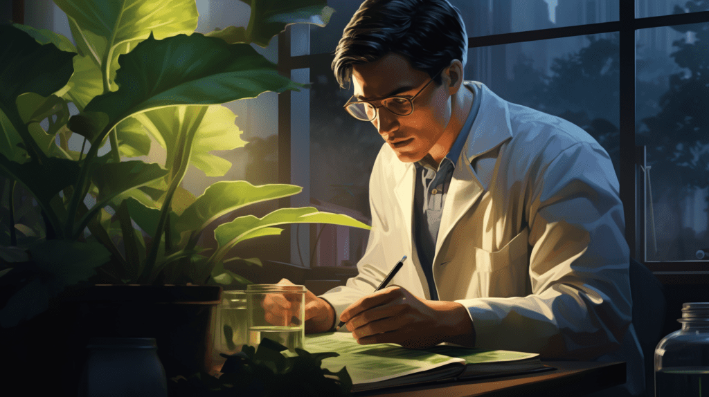 Artistic depiction of a scientist studying plants