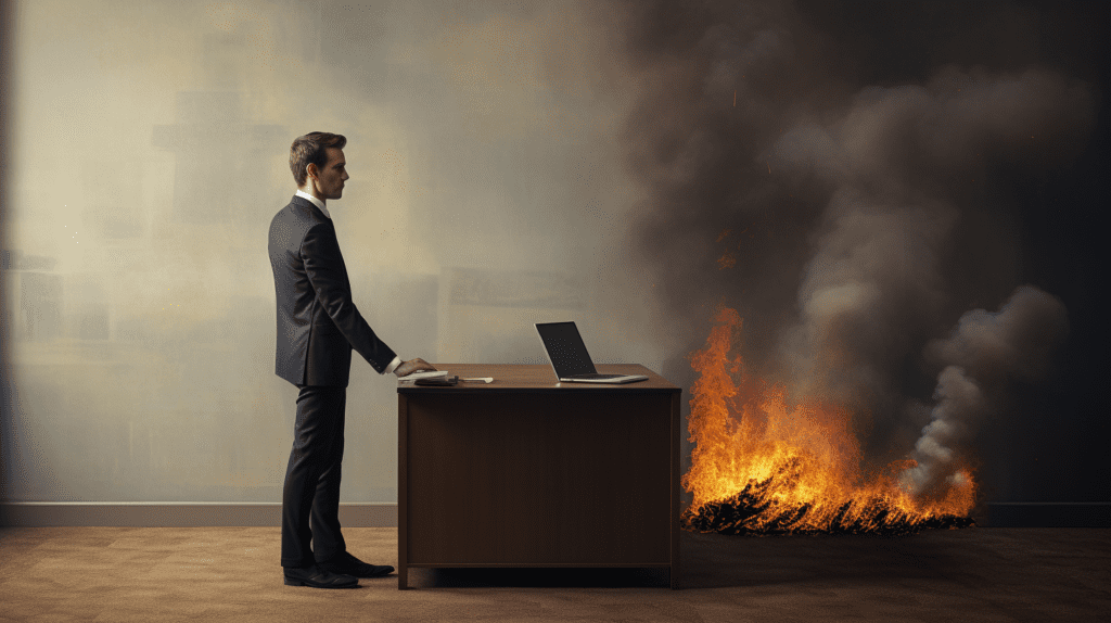 Artistic depiction of a man quitting his job and burning bridges