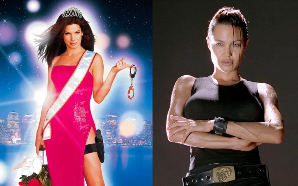 Sandra Bullock in Miss Congeniality and Angelina Jolie in Tomb Raider
