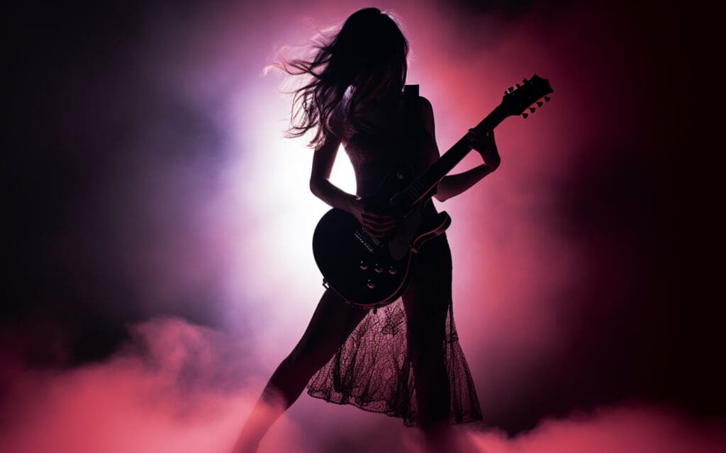 A woman playing guitar with dramatic lighting