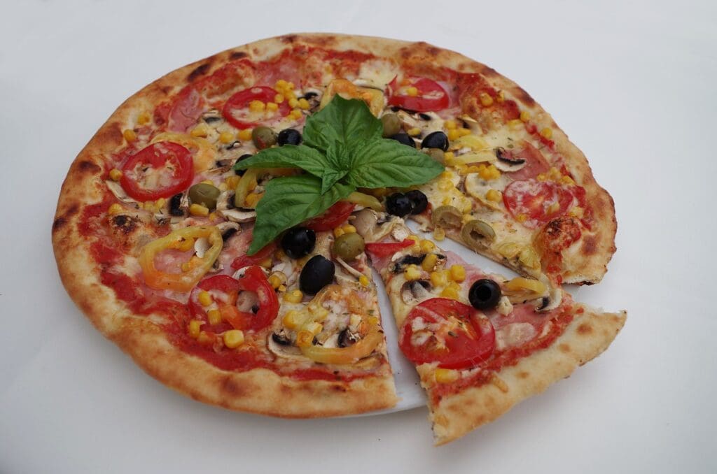 pizza, basil, olives
