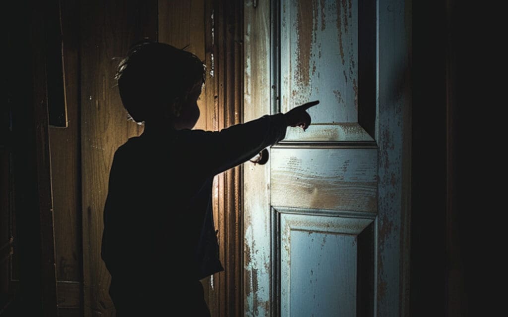 Child pointing at spooky closed door