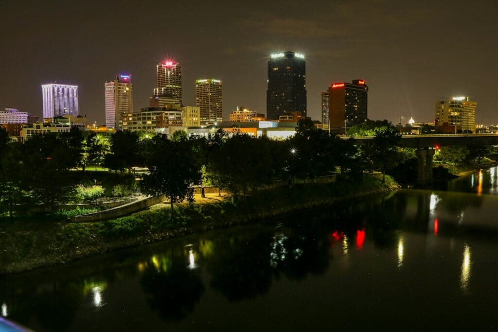 city skyline during night time