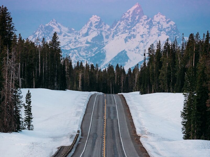 black asphalt road in between snow covered ground and trees during daytime