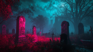 A spooky graveyard at night