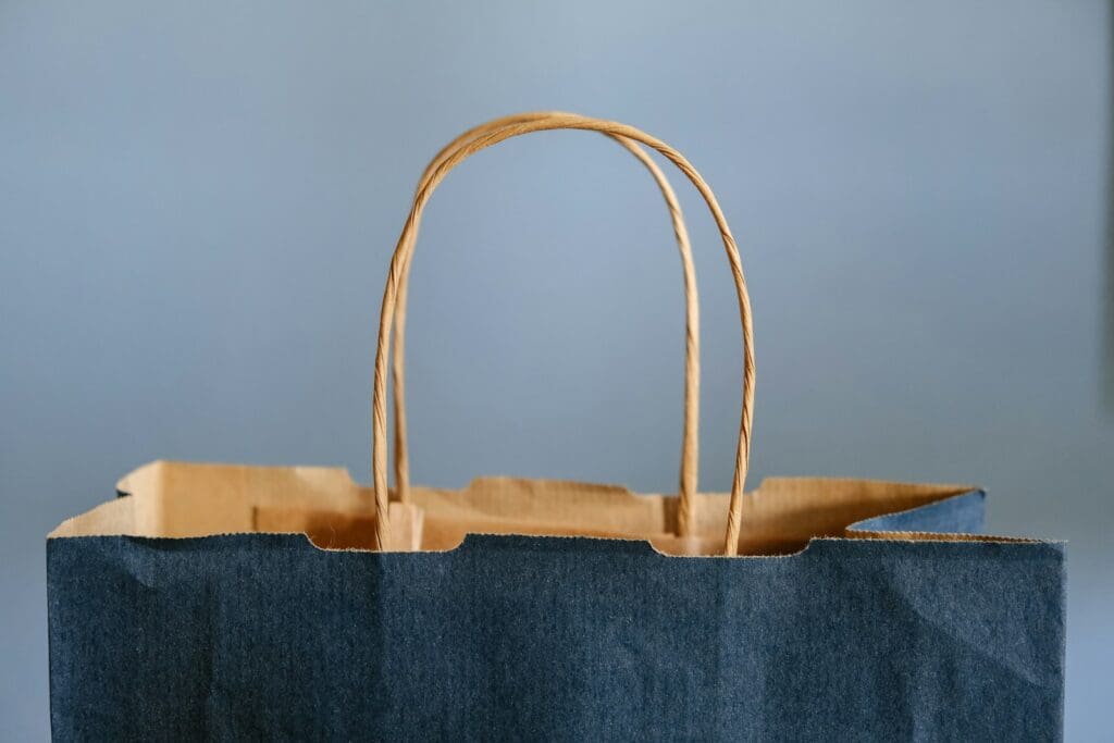 blue and brown shopping bag