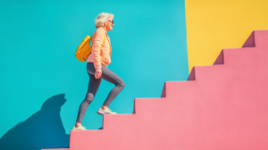 Woman walking up steps