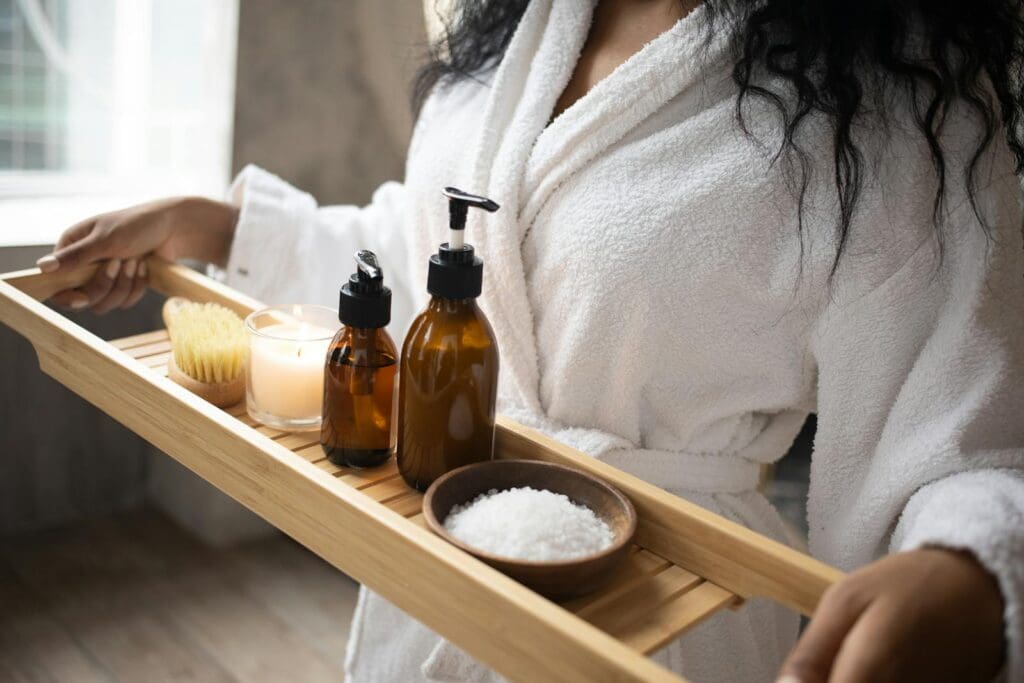 woman holding bath caddy