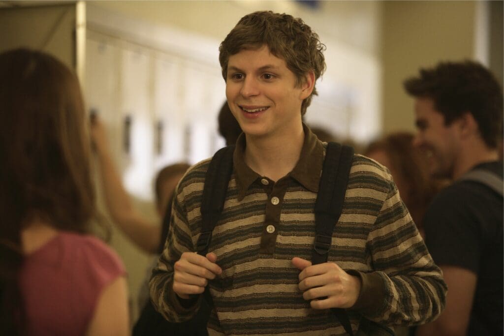 Michael Cera Standing Awkwardly With A Back Pack