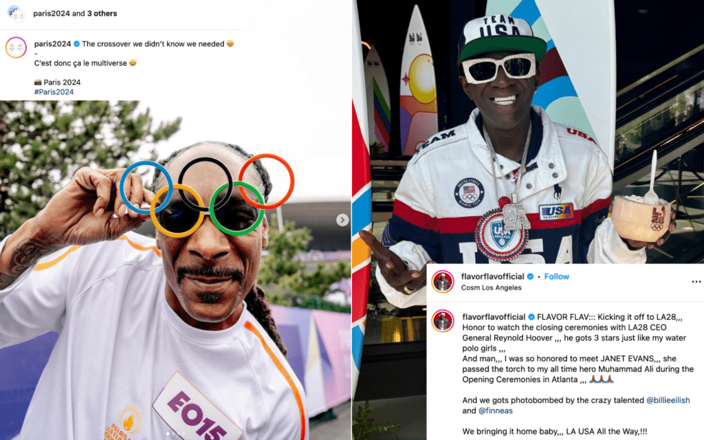 @Paris2024, @teamusa, @snoopdogg, @flavorflavofficial, Instagram