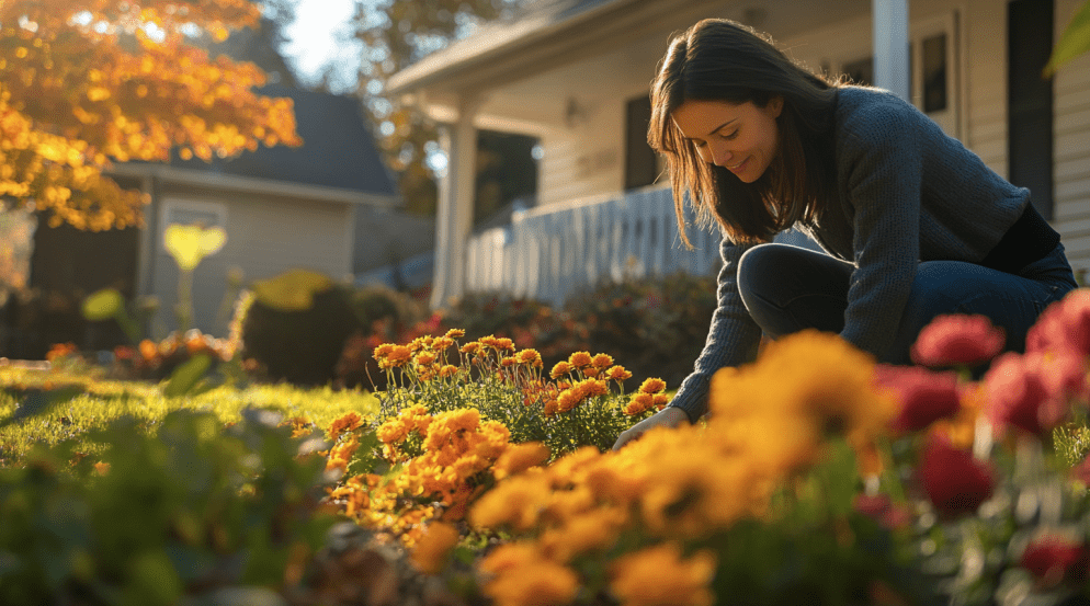 woman planting mums in her front yard