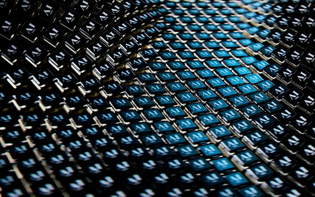 A close up view of a blue and black fabric artificial intelligence concept