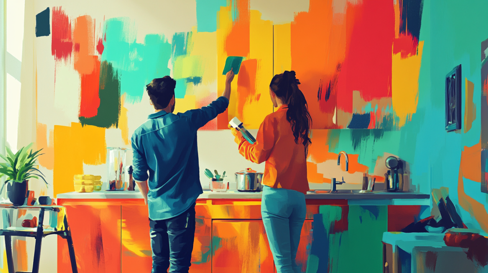 A man and woman painting their kitchen