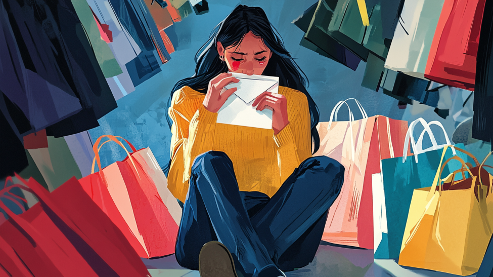 A woman sitting on her floor with shopping bags around her