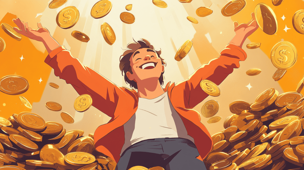 A man enjoying coins raining all around him