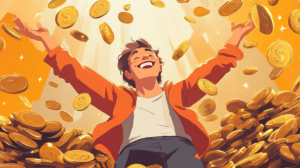 A man enjoying coins raining all around him