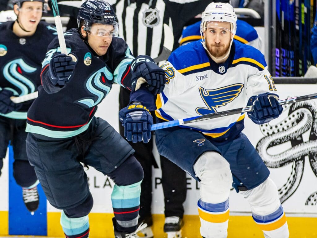 St. Louis Blues at Seattle Kraken - 2024-01-26 - Yanni Gourde and Kevin Hayes (53492487969)