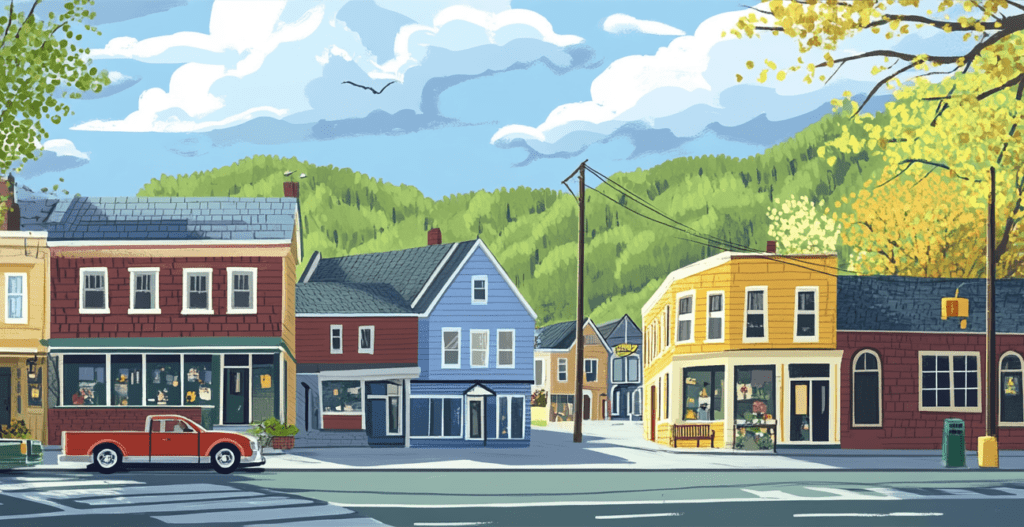 Illustration of a small American town, quaint and colorful