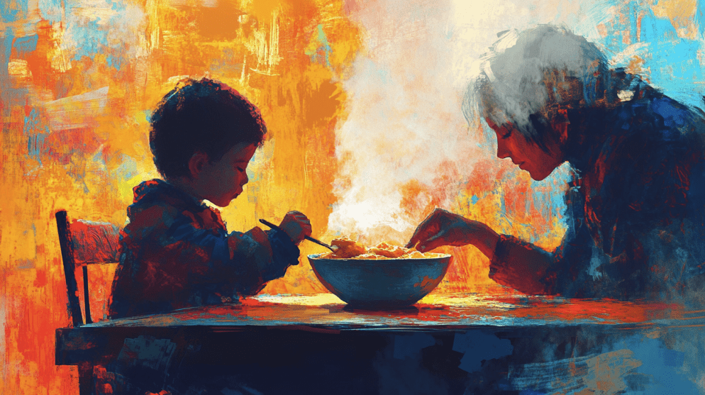 Mom and kid eating soup