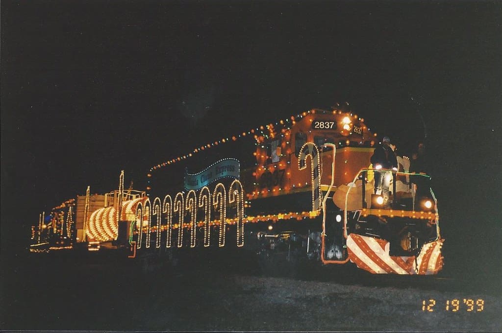 BNSF Santa Claus Express in Springfield, Missouri at night 1999