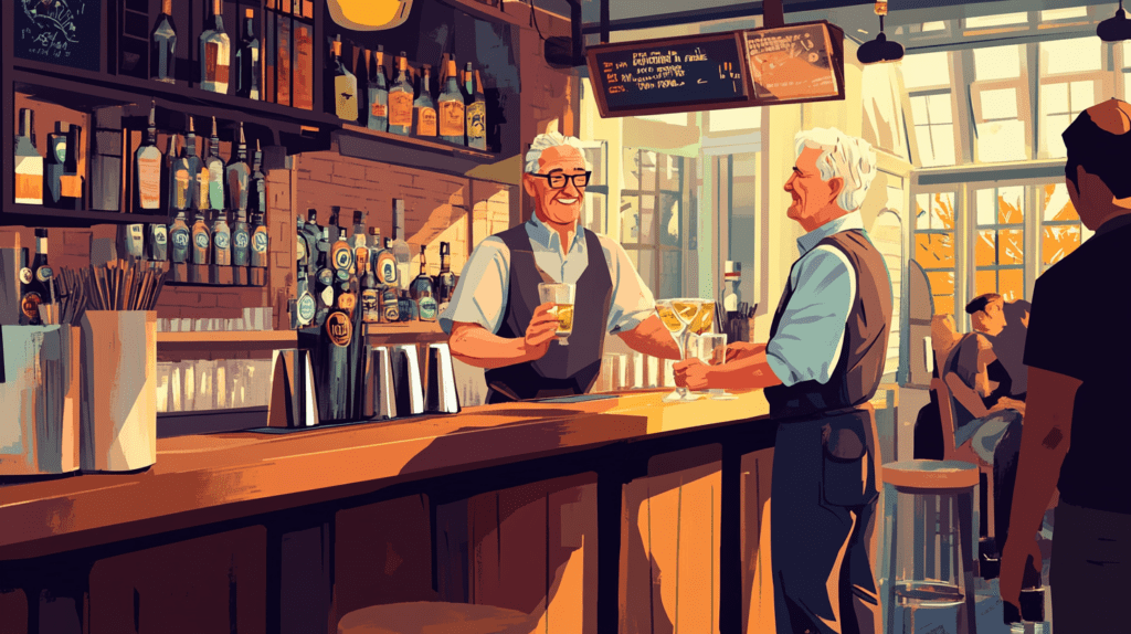 Retired man tending bar