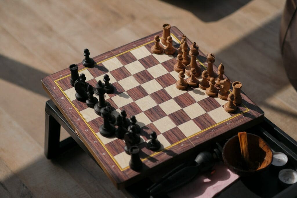 a chess board with pieces