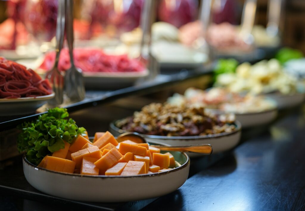 a table is filled with food