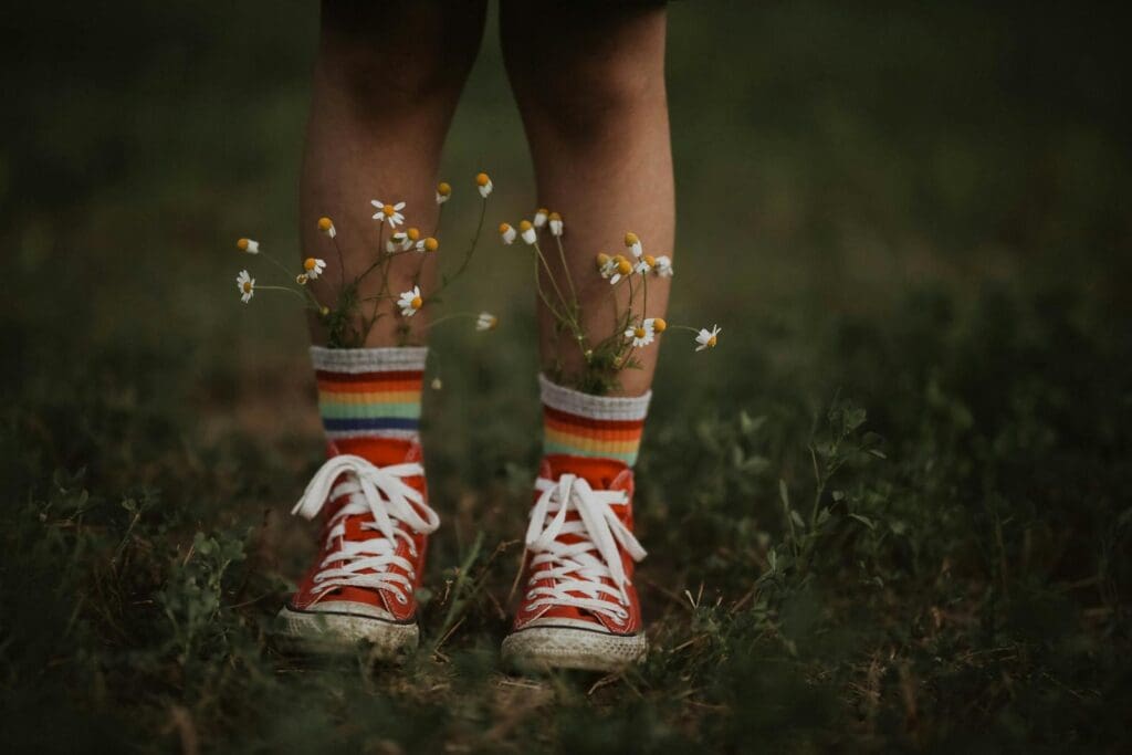 Artistic close-up of legs wearing colorful socks, red sneakers, and daisies popping out.