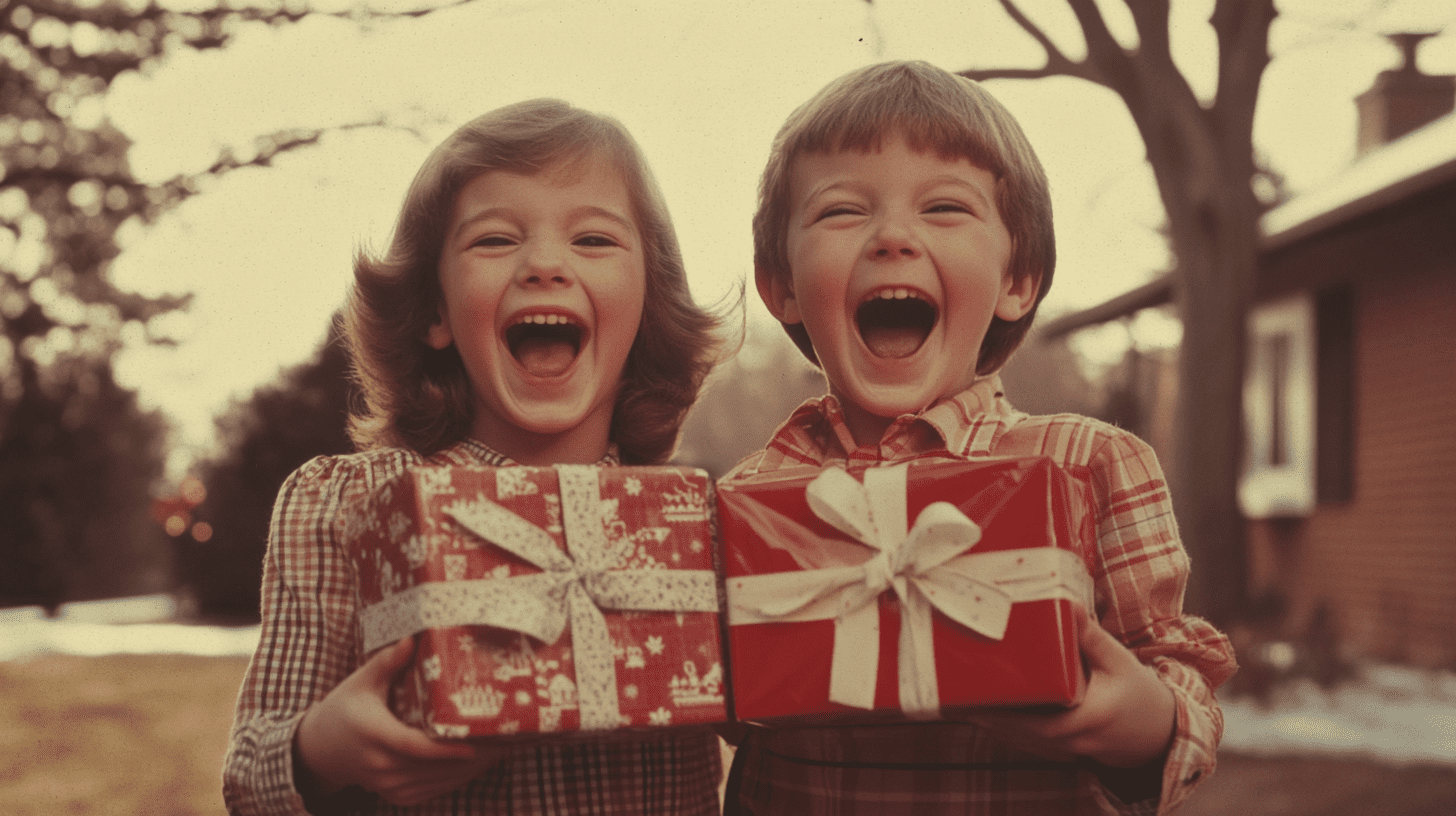 Happy '70s kids with presents
