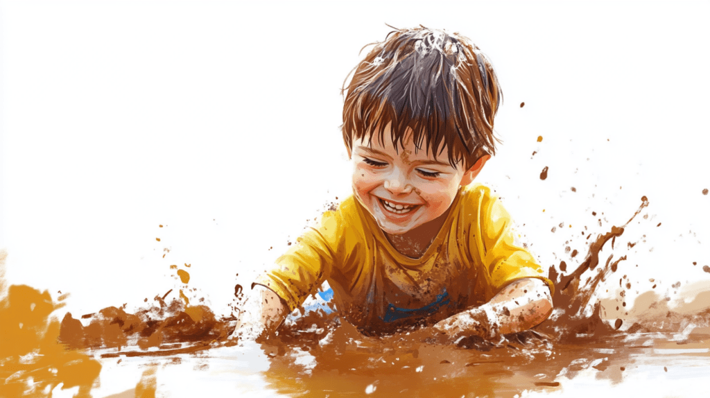 A kid playing messily in the mud